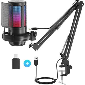 Strolox® Microfoon met arm - USB - gaming - RGB Condensatormicrofoon - met Mute-Knop, Popfilter, Microfoonarm - Luxe microfoon