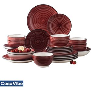 CasaVibe Luxe Bordenset - Kommen set - Borden - Dinerborden - set van 24 - 6 persoons - serviesset - Rood - Wit