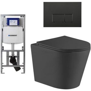 QeramiQ Dely Toiletset - 36.3x51.7cm - diepspoel - rimless - Geberit UP320 Burda inbouwreservoir - softclose toiletzitting - mat zwarte bedieningsplaat - rechtehoekige knoppen - zwart mat