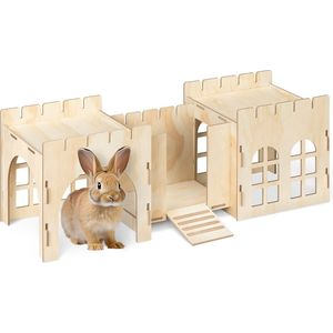 Navaris houten kasteel voor konijn - Speel- en slaaphuisje voor konijn - Voor binnen en buiten het hok - 69 x 24 x 25,5 cm