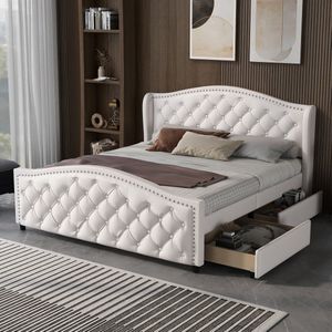 Sweiko 140 x 200 cm gestoffeerd bed, bed met plat noedelsframe, 2 lades en hoofdeinde met klinknagels, hout en kunstleer, volwassen bed jeugdbed, wit