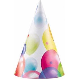 24x stuks Feesthoedjes met ballonnen opdruk van karton - Kinder verjaardag feestje artikelen