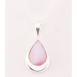 Druppelvormige zilveren hanger met roze parelmoer aan ketting