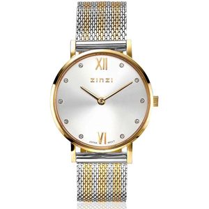 ZINZI Lady Crystal horloge zilvergekleurde wijzerplaat, geelgoudkleurige kast en bicolor stalen mesh band, witte crystals bij uuraanduiding, 28mm extra dun ZIW633MB