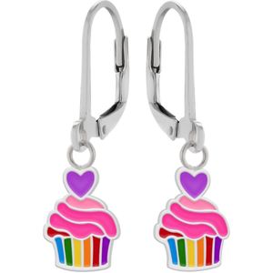 Oorbellen meisje | Zilveren kinderoorbellen | Zilveren oorhangers, kleurige cupcake met hartje