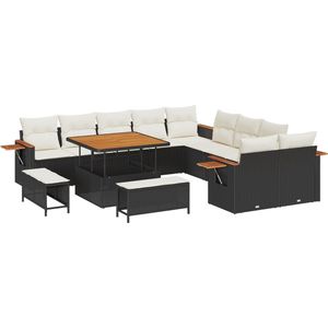 vidaXL - 13-delige - tuinbankset - met - kussens - - - zwart - poly - rattan - en - acacia