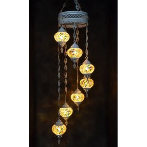 Hanglamp multicolour geel glas mozaïek Oosterse lamp kroonluchter Crèmewit 7 bollen