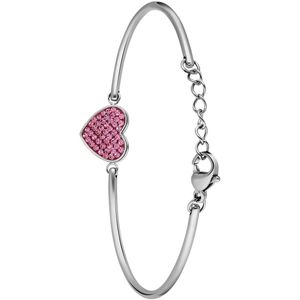 Lucardi Dames Stalen armband hart met kristal roze - Armband - Staal - Zilverkleurig - 20 cm