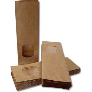 Prigta - Papieren zakjes / blokbodemzakjes XS - met venster - 15 stuks - 7x4x20 cm - uitdeelzakjes papier - bruin kraft