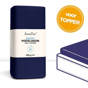 Loom One Hoeslaken Topper – 100% Jersey Katoen – 200x200 cm – tot 10cm matrasdikte– 160 g/m² – Donkerblauw