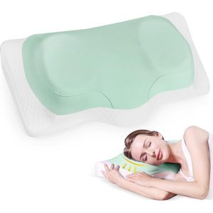 Dubbellaags traagschuim kussen - orthopedisch hoofdkussen - ergonomisch neksteunkussen geschikt voor elke slaaphouding (wit + groen)