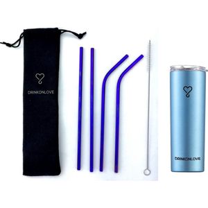 DRINKONLOVE - TEAM LEADER BLUE + COMFY BLUE - Drinkbeker met RVS rietjes - RVS  - blauw- 12 uur koud - 6 uur warm - 600ML - 20,5 cm hoog