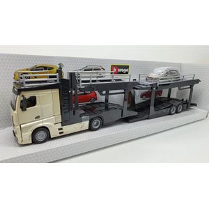 Bburago MERCEDES BENZ ACTROS 2545 MULTICAR CARRIER + VW POLO GTI 2016 1:43 goud