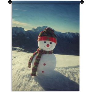 Wandkleed Kerst - Sneeuwpop met uitzicht op het landschap tijdens de kerstperiode Wandkleed katoen 120x160 cm - Wandtapijt met foto XXL / Groot formaat!