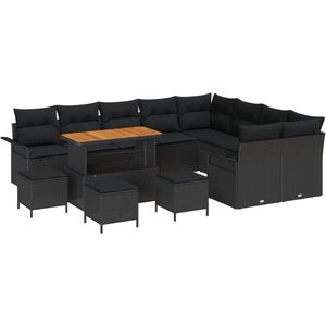 vidaXL - 12-delige - Tuin - Sofa - Set - met - Kussens - in - Zwart - Poly - Rattan - en - Acacia