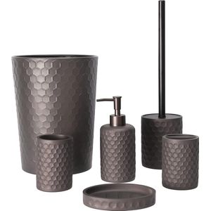 Badkamerset - 6-delig - badkamerorganizer met toiletborstel, prullenbak, tandenborstelhouder, zeepdispenser, zeepbakje, beker - elegante badkamerdecoratie, bronzen zeshoekpatroon