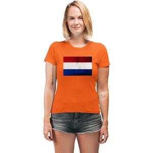 Dames Slim fit T-shirt Nederlandse vlag met magic sequence | koningsdag kleding| Holland | EK-WK-Olympische Spelen | Oranje | maat M