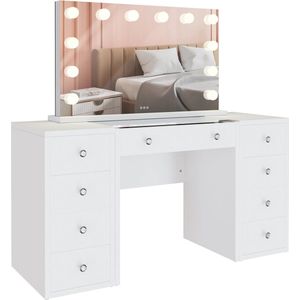 CLP Tiline kaptafel - met grote spiegel - Cosmetische tafel - met LED-verlichting - met 9 laden - glazen blad - USB-poort - wit