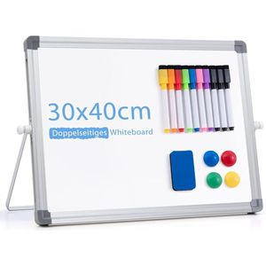 Whiteboard, magnetisch, 40 x 30 cm, klein afwasbaar whiteboard met standaard, dubbelzijdig bureau-magneetbord voor thuis, school, thuis