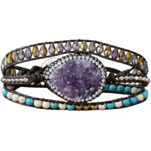 Marama - wikkelarmband Purple Amethist - leer - edelsteen - dames armband - 56 cm - cadeautje voor haar