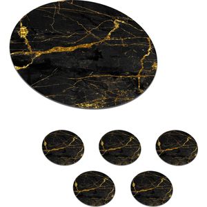 Onderzetters voor glazen - Rond - Marmer print - Goud - Zwart - Marmerlook - Luxe - Glitter - 10x10 cm - Glasonderzetters - 6 stuks