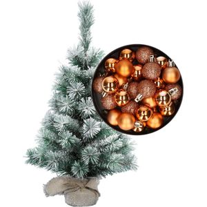Besneeuwde mini kerstboom/kunst kerstboom 35 cm met kerstballen koper - Kerstversiering