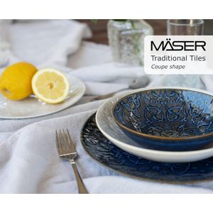 Modern Vintage serviesset voor 2 personen in Maurisch design, 8-delig tafelservies met borden en schalen van hoogwaardig keramiek, aardewerk, blauw