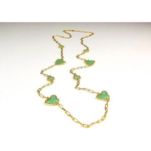 lange zilveren halsketting collier halssnoer geelgoud verguld Model Vlinder en Bol met munt groene stenen
