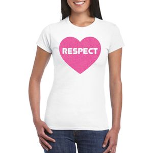 Bellatio Decorations Gay Pride T-shirt voor dames - respect - wit - roze glitter hart - LHBTI XS