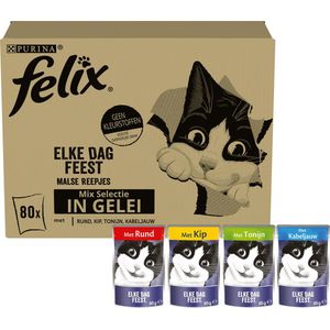 Felix Elke Dag Feest in Gelei Mix Selectie - Kattenvoer Natvoer - Tonijn Kabeljauw Rund Kip - 80 x 85 g