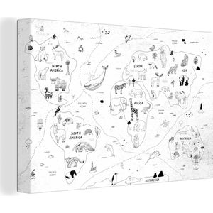 Canvas Wereldkaart - 90x60 - Wanddecoratie Wereldkaart - Kinderen - Wit - Zwart
