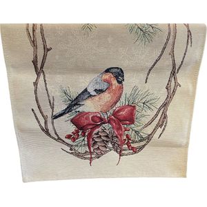 Tafelkleed - Kerst - luxe Gobelinstof - Noel Birds- Kerstbloem - Vogel - Roodborstje - Kardinaalvogel - loper 45 x 140 cm