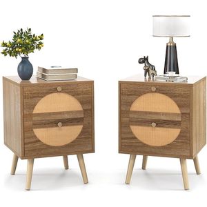 Rattan Nachtkastje Set van 2, Nachtkastje met 2 Laden, Bijzettafel met Poten Gemaakt van Massief Hout, Salontafel, Boho Stijl Nachtkastje voor Slaapkamer, Woonkamer, 40 x 40 x 56 cm