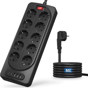 Stekkerdoos 10-voudige stekkerdoos met USB C en overspanningsbeveiliging - 3 meter snoer
