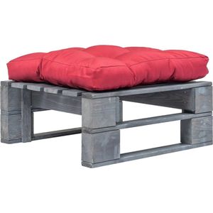 The Living Store Pallet Hocker - Tuinpoef - 60 x 60 x 35 cm - Rood kussen - Grijs geïmpregneerd grenenhout