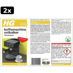 2x HG koffiemachine ontkalker citroenzuur - 500ml - zorgt voor een optimale koffiesmaak - voor 6x ontkalken