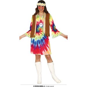 Guirca - Hippie Kostuum - Tie Dye Festival Jurk Hippie Vrouw - Bruin, Multicolor - Maat 42-44 - Carnavalskleding - Verkleedkleding
