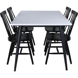Jimmy150 eethoek eetkamertafel uitschuifbare tafel lengte cm 150 / 240 wit en 4 Lönneberga eetkamerstal zwart.