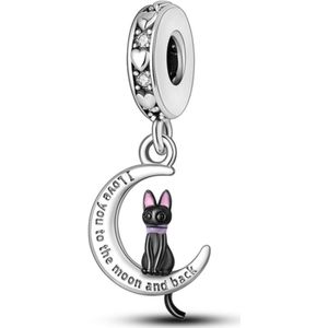 Fler® | Bedel | Past op populaire bedel armbanden (standaard-3mm) | armbandbedel | Bedel zwarte kat op maan | Huisdier | “I Love you to the moon and back” | Bedel Charm | 925 Sterling Zilver | zwart, roze, paars | Zirkonia | Cadeau | Valentijn kado