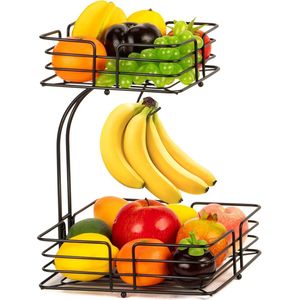 Vierkante fruitmand met 2 verdiepingen, met bananenhouder, moderne fruitschaal, metaaldraad, staande dagelijkse keuken, opslag, fruitmand, groentemand, Zwart
