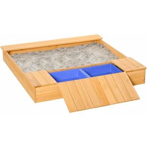 Zandbak Stofdichte Houten Zandbak Met 2 Opbergbakken 3-6 Jaar Naturel + Blauw 125 X 121 X 17,5 Cm