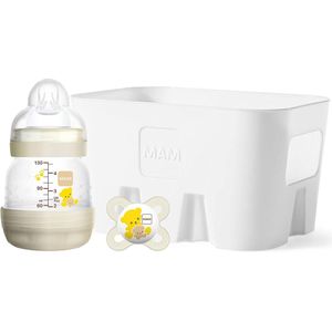 MAM Easy Start Anti-Colic Starter Set XS, set met Anti-Colic babyflesje (130ml) incl. flesspeentjes in 2 maten, MAM-fopspeen en flessenhouder, ideaal kraamcadeau, vanaf de geboorte, beige