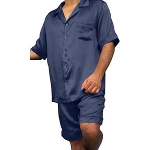 Heren zijden pyjama set (korte mouwen, korte broek), Marine blauw, XL