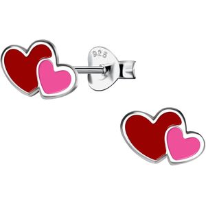 Joy|S - Zilveren hartjes oorbellen - 9 x 6 mm - roze en rood hartje - rhodium / gehodineerd - dubbele hartjes - kinderoorbellen