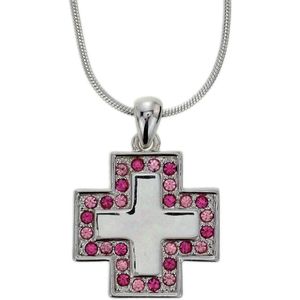 Behave Zilver-kleurige ketting met kruis met roze kristal steentjes