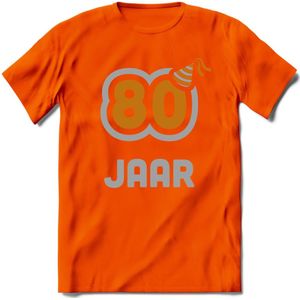 80 Jaar Feest T-Shirt | Goud - Zilver | Grappig Verjaardag Cadeau Shirt | Dames - Heren - Unisex | Tshirt Kleding Kado | - Oranje - 3XL
