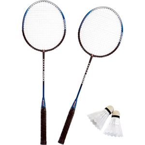 Badmintonset zilver/blauw met rackets shuttles en opbergtas 66 cm - voordelige badminton set