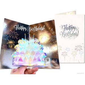 Popcards popupkaarten – Fonkelende verjaardagskaart Happy Birthday | Prachtige chique zilveren pop-up kaart jarig verjaardagskaart taart 3D wenskaart