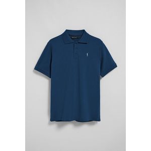 Indigoblauwe polo met korte mouwen, drie knopen en geborduurd Rigby Go-logo
