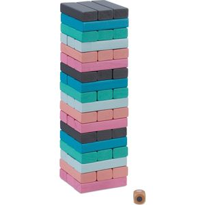 Relaxdays vallende toren - houten toren spel - gekleurd - stapeltoren - wiebeltoren